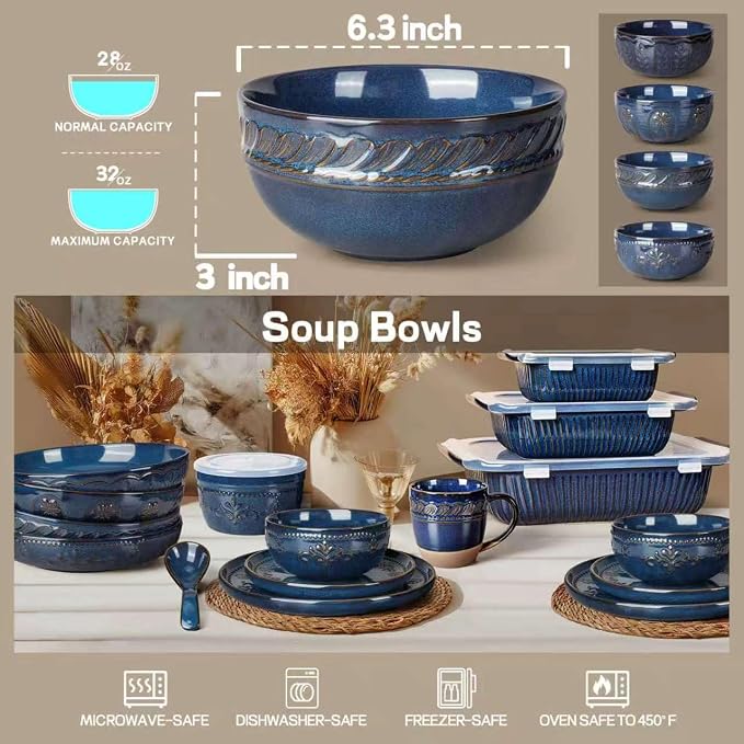 Soup Bowls 32 OZ, Cereal Bowls Set of 4, Embossment Ceramic Ramen Bowl - Image 2