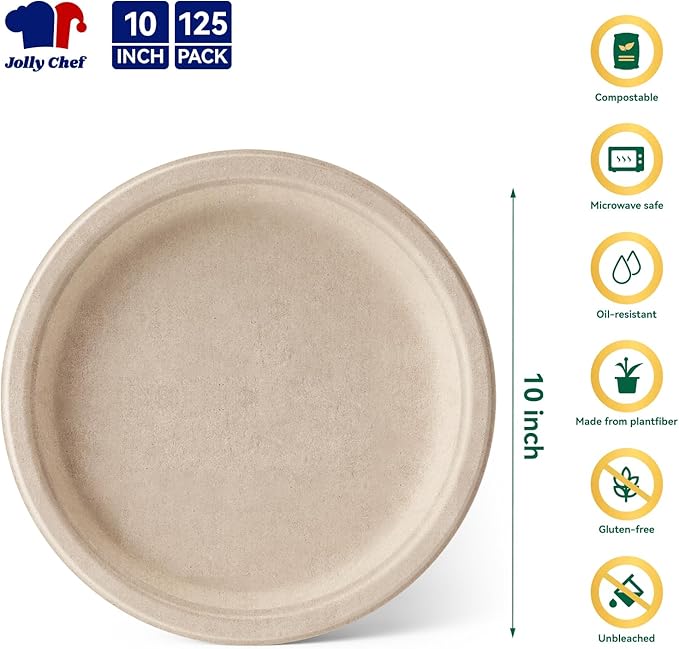 JOLLY CHEF Compostable Heavy Duty Plates 𝟭𝟬 𝗜𝗻𝗰𝗵 [𝟭𝟮𝟱 𝗣𝗮𝗰𝗸] Eco-Friendly Disposable Paper Plates Natural Bagasse Biodegradable Sugarcane Bulk for Party Hot Cold Dinner Christmas (Brown)