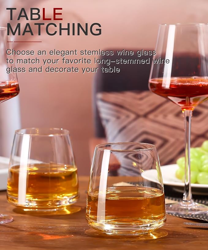 Stemless Wine Glasses Set of 4-15 oz Clear-Modern Hand-Blown Wine Glasses, European Design Crystal Glass For Red & White Wine, Unique Gifts for Wedding, Birthday,Valentine's Day