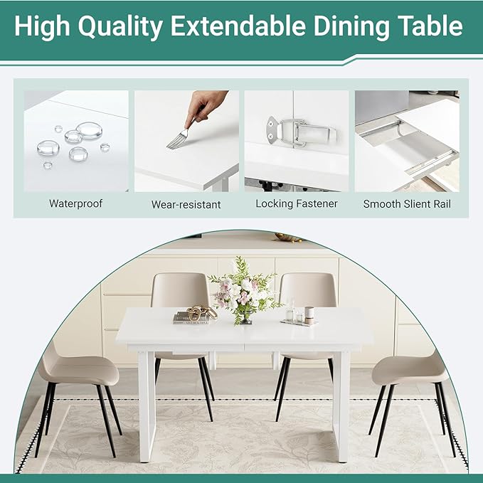 Extendable Dining Table Set for 8, 55"–71" Modern White Kitchen Table with 8 Upholstered Chairs, Space-Saving for Living Room Apartment, Sturdy & Comfortable, Easy Assembly