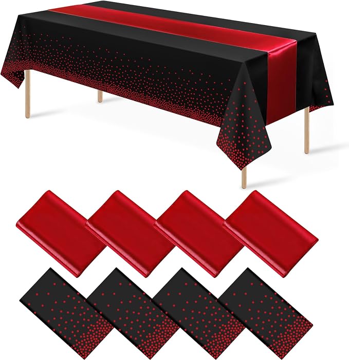 8Pack Disposable Plastic Party Tablecloths and Satin Table Runner Set Black and by MASHAN