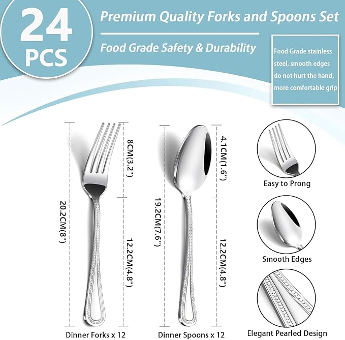 24 PCS Spoons and Forks Set, Food Grade Stainless Steel - Image 2