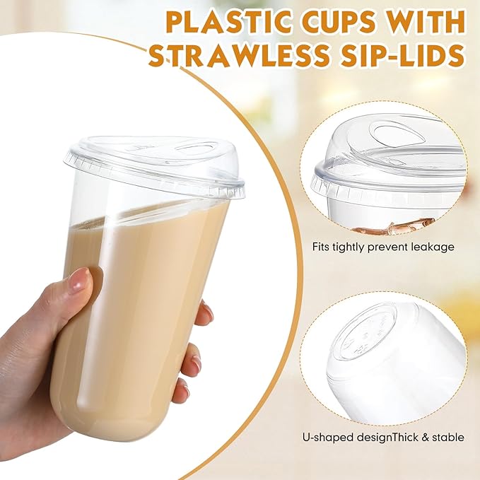 Baderke 50 Pcs Plastic Cups with Sip Lids Round Bottom Disposable Plastic Coffee Cups with Lids Clear Strawless Crystal Mugs for Iced Coffee Smoothie Cold Beverage Party Catering Supplies (18 oz)