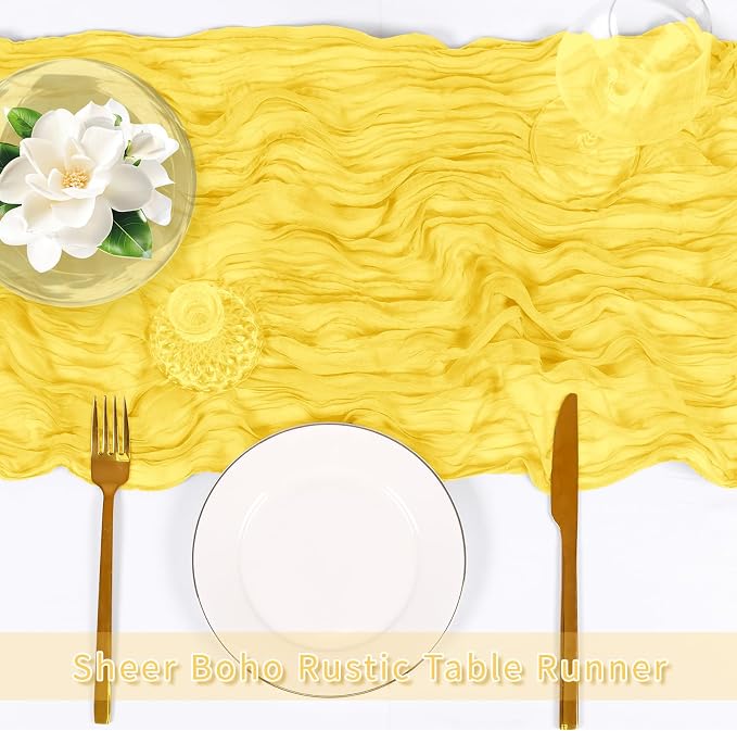 3 Pack Lemon Yellow Cheesecloth Table Runner, 17 x 108 inch, Semi Sheer Boho - Image 5