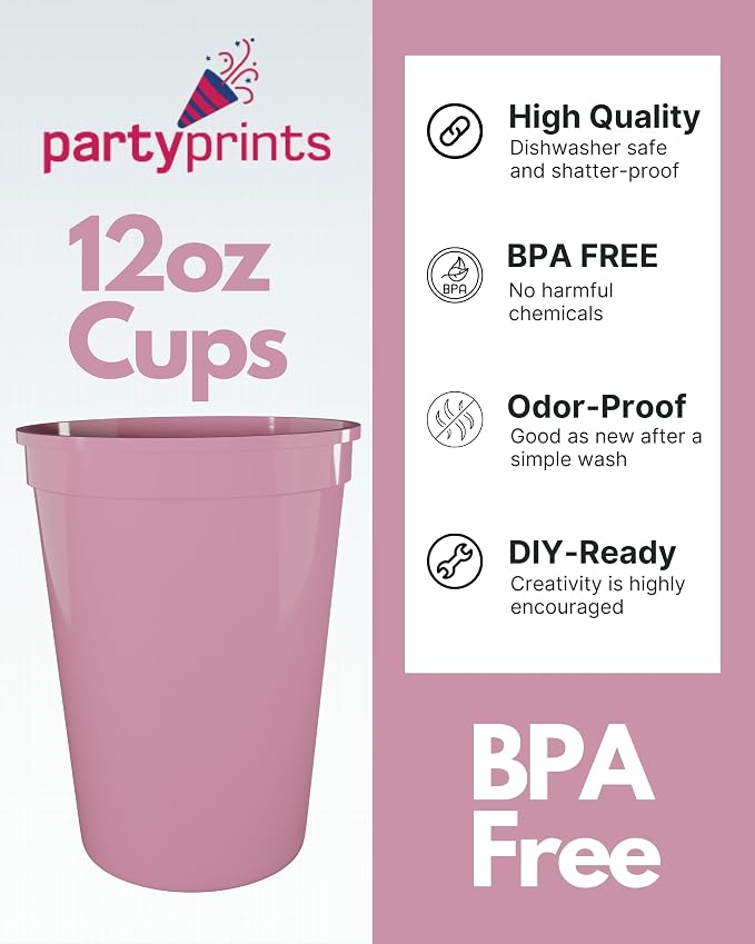 PartyPrints 100 Pack Small 10 to 12 oz Pink Reusable Blank Plastic Cups - Image 2