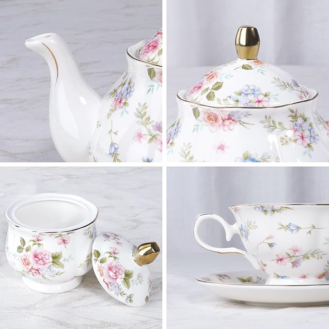 fanquare 21 Pieces Pink Blue Floral Porcelain Tea Set - Image 2