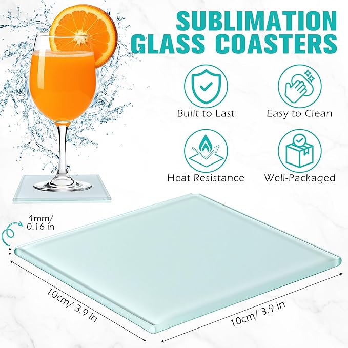 LemonRoad 12 Pcs Sublimation Blank Glass Coasters, 3.9 Inch Square DIY Photo Glass Drink Coasters with Foot Pads for Mugs, Cups, Dining Tables, Office, Kitchen, Home and Parties
