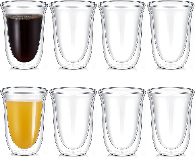 8 Pack 10 oz Double Walled Coffee Mugs Glass Espresso Cups without Handle Clear by Sieral
