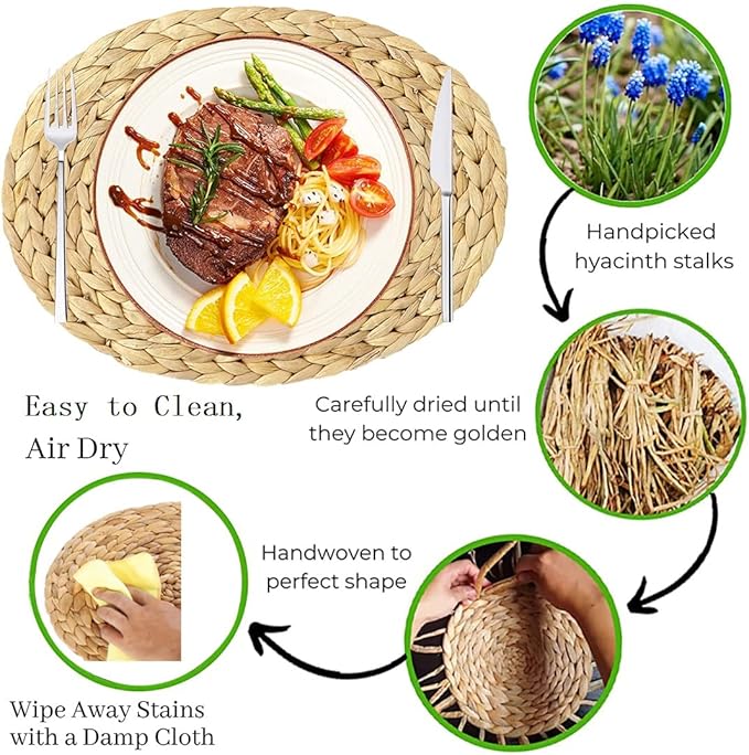 Oval Woven Placemats Set of 6, Natural Water Hyacinth Charger Plates Non-Slip Weave Placemats Farmhouse Straw Braided Rattan Tablemats, Oval Wicker Place Mats for Dining Table