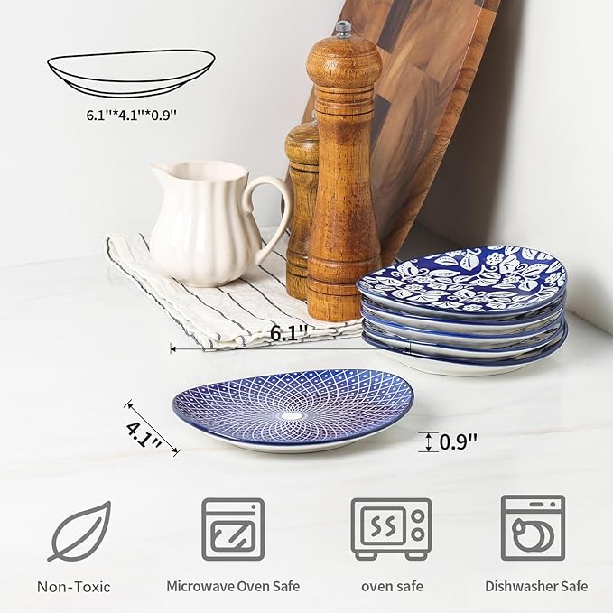 Selamica Small Dinner Plates, Oval Dessert Plates Ceramic, 6 Inch Small Plates for Appetizer, Cake, Snacks, Microwave Dishwasher Safe, Set of 6, Vintage Blue