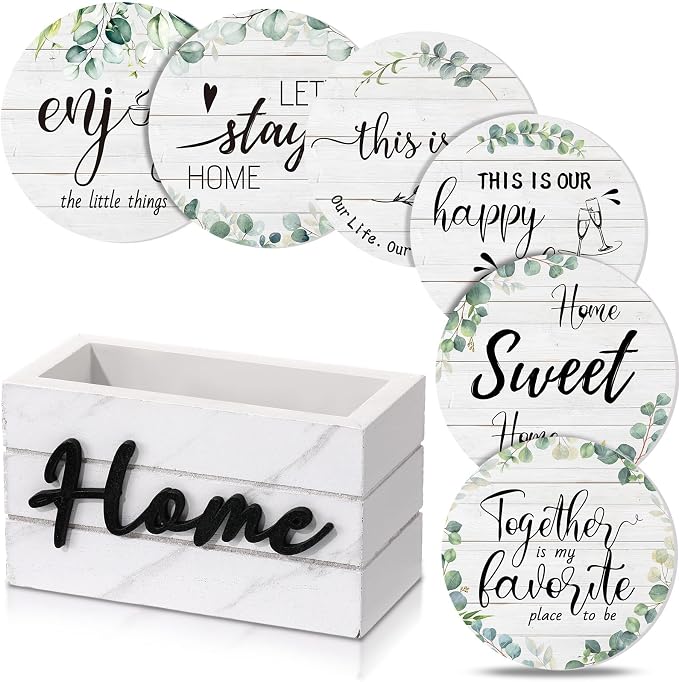 Queekay Coasters Set of 6 House Warming Gifts New Home Wooden Farmhouse Drink by Queekay