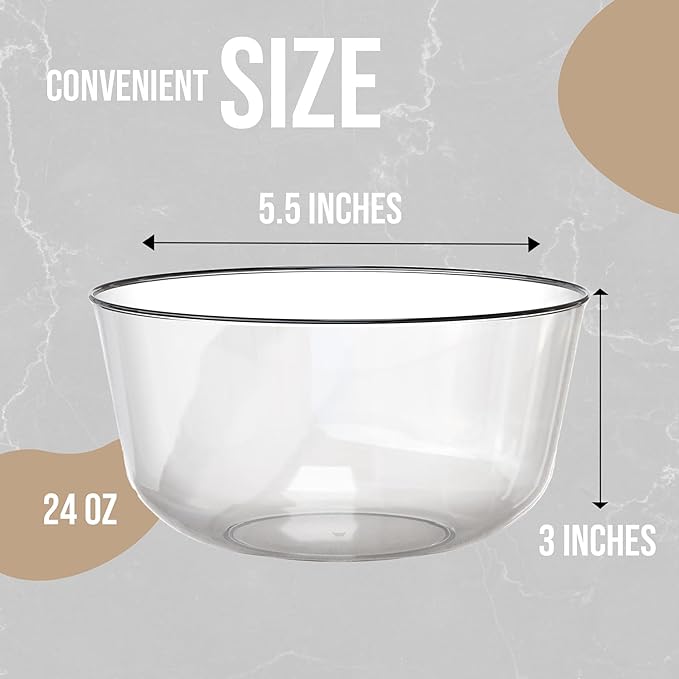 Trendables Plastic Bowls Disposable Bowls 24 Oz Bowl Set Of 50 Clear Black Rimmed Fancy Plastic Serving Dishes Perfect for Parties and Events Disposable Candy Bowl