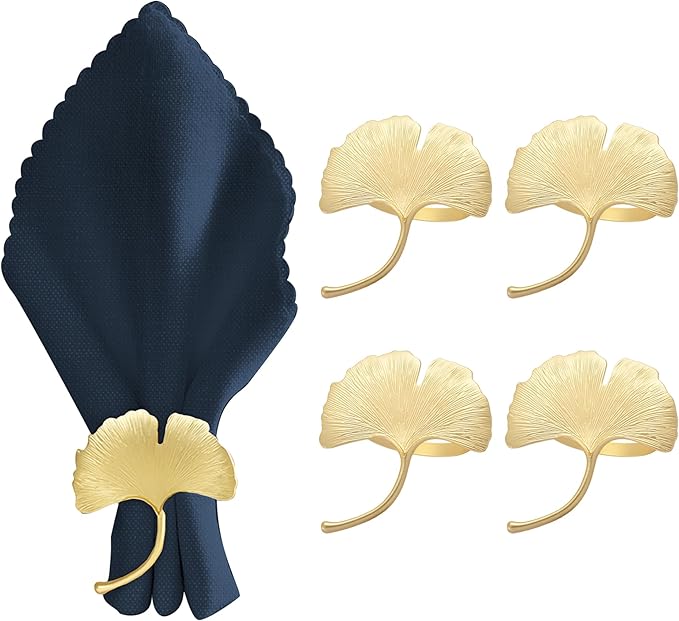 Decozen Set of 8 Gold Napkin Rings in Leaf Design, Festive, Table Decor Setting for Holiday, Wedding, Birthday, Kitchen, Home Decor, Housewarming Gift - Mothers Day Decorations