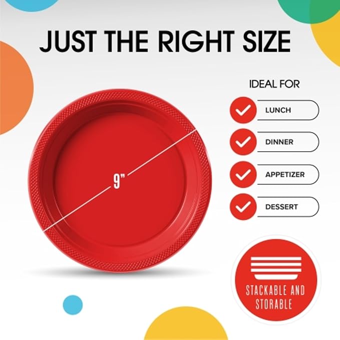 Red Plastic Plates For Party 9" Red Disposable Plates Heavy Duty 100 Pcs Plastic Dinnerware Sets Heavy Duty 350 GSM Disposable Dinnerware Set