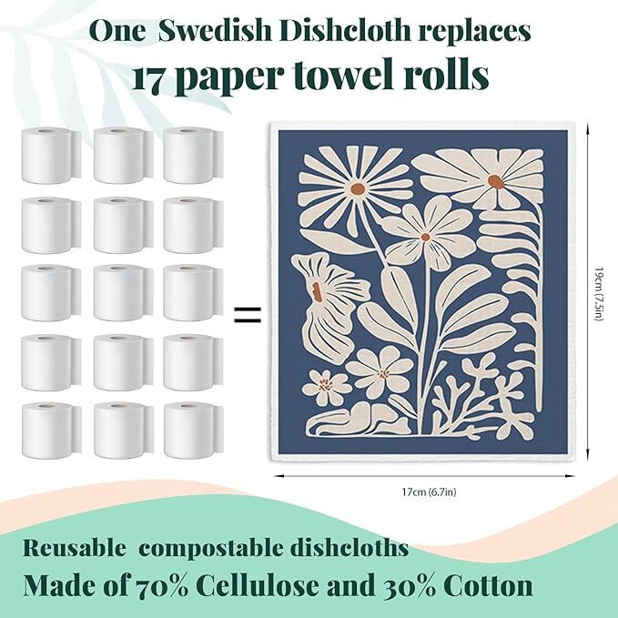 Spring Flower Swedish Dishcloths for Kitchen, Boho Navy Blue Swedish Dish Cleaning Cloths for Floral, 4 Pack Dish Towels for Kitchen, Papaya Reusable Paper Towels Washable