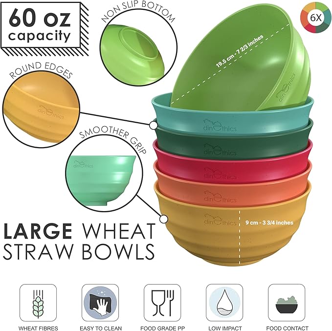 60-OZ Big Bowl Set - Unbreakable Microwave Safe Bowls with 6 Large Salad, Serving & Cereal Bowls - Wheat Straw Material - Ideal for Ramen, Soup, Snack & Big Breakfast