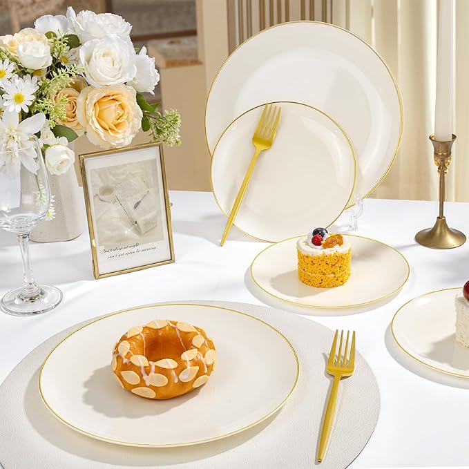 bUCLA 200PCS Ivory Plastic Plates with Gold Rim - Heavy Duty Cream Disposable Include 100 Dinner 10 inch & 100 Dessert 7 inch Plates, Ideal for Party & Wedding