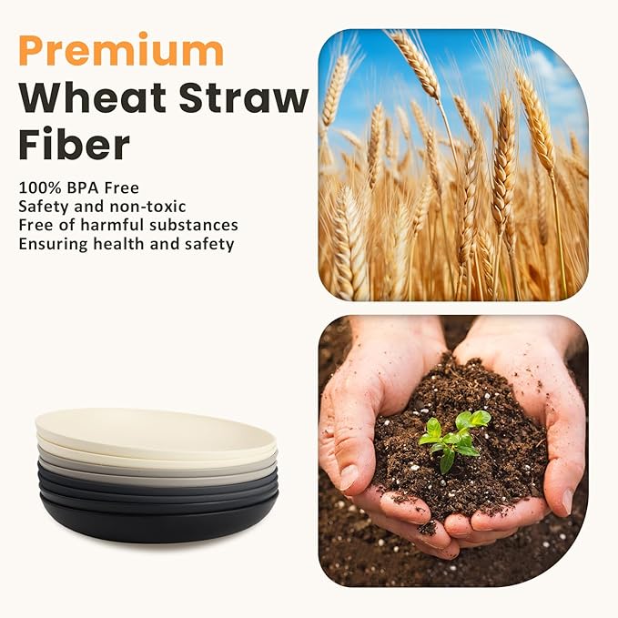 Homienly Premium Wheat Straw Dinner Plates, Reusable 8 PCS Unbreakable Plates 10 inch Plate Set, Alternative Plastic Plate Microwave and Dishwasher Safe Plates Set for Home - GreyStone