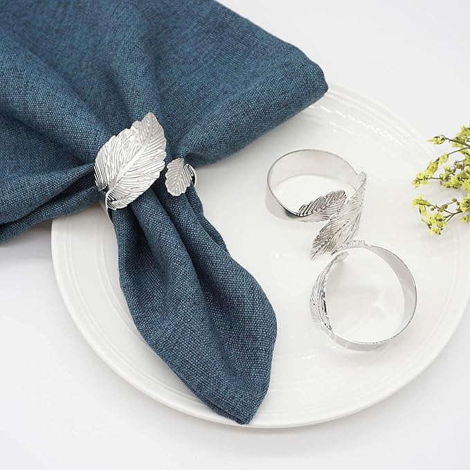 Silver Leaf Napkin Rings Set of 12, Leaves Napkin Rings for Table Setting, Metal Leaf Napkin Holder Rings for Holiday Party, Wedding, Banquet, Formal or Casual Dinning Table Decor (Silver)