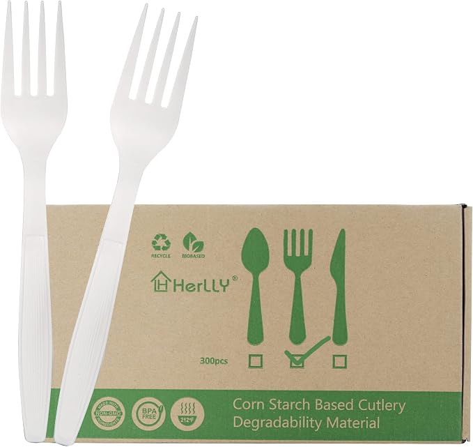 Compostable Forks, 300 Disposable Forks by HERLLY