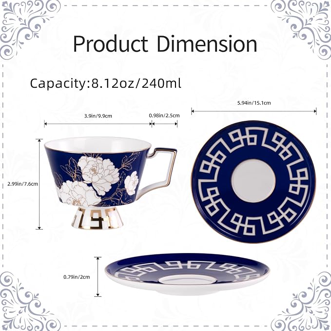 KAMMAK Ceramic Coffee Cups Saucers Set of 2, Porcelain Espresso Cups - Image 2