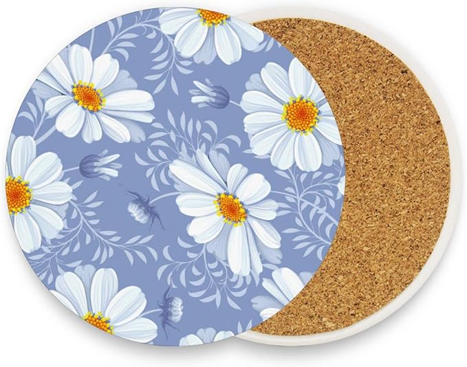 Coasters for Drinks Cup Coasters for Coffee Table Desk Cup Mat Cork Backing for Coasters Round Home Decor Daisy Floral Purple