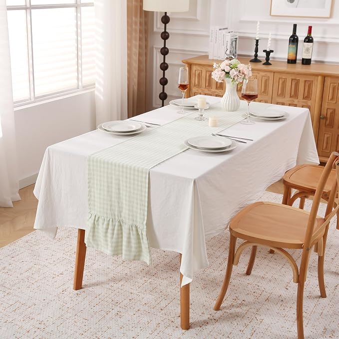 Pile Green White Plaid Gingham Ruffle Table Runner 72 inches Long 100% Washed - Image 2