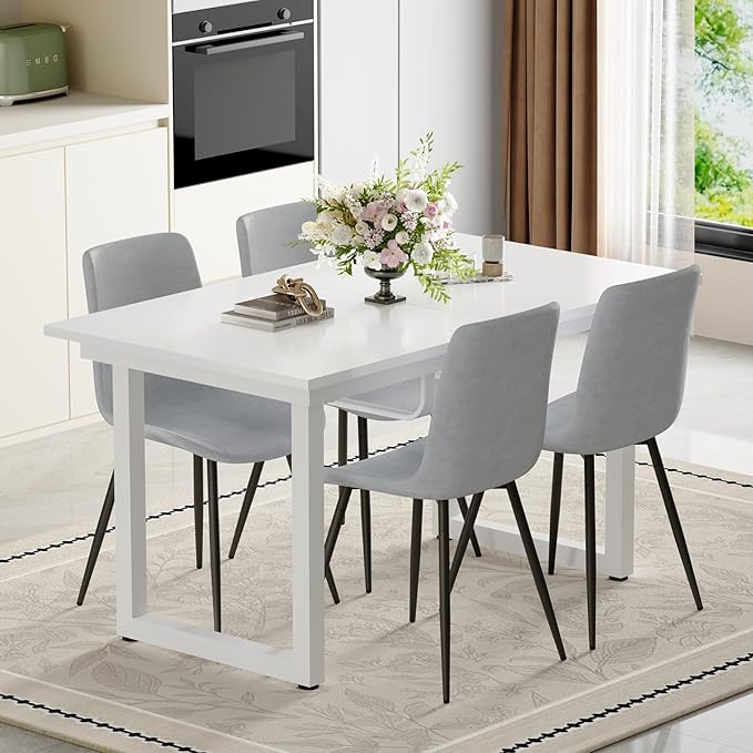 Extendable Dining Table Set for 8, 55"–71" Modern White Kitchen Table with 8 Upholstered Chairs, Space-Saving for Living Room Apartment, Sturdy & Comfortable, Easy Assembly