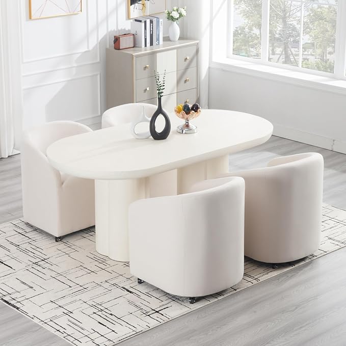 Modern Barrel Dining Chairs with Rolling Casters Set of 4, Upholstered Linen Swivel Dining Room Chairs with Wheels for Kitchen Living Room Home Office, Beige
