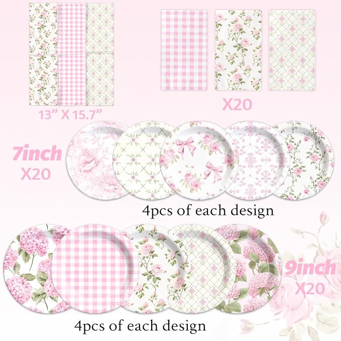 60Pcs Floral Plates and Napkins-Girls Pink Party Supplies Vintage Flower Tea - Image 4