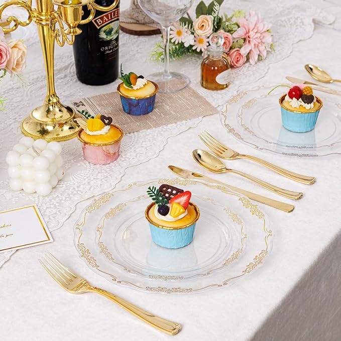U-QE 100PCS Clear Gold Plastic Plates - Disposable Heavy Duty Clear Plates with Gold Rim Including 50PCS 10'' Dinner Plates & 50PCS 7.5'' Dessert Plates Perfect for Party, Weddings