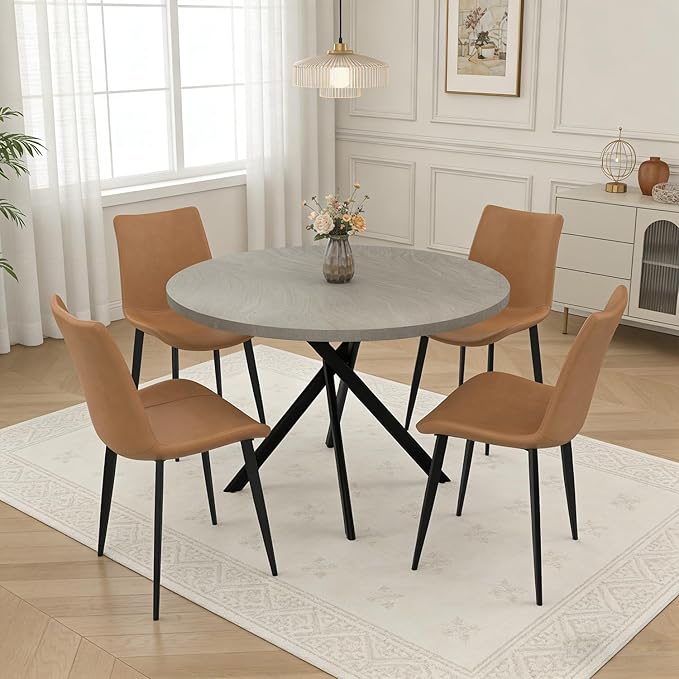 44" Round Dining Table with Chair Set for 4, Modern Mid-Century Dining Table Set of 4, Cozy Dinette Sets with Metal Leg for Kitchen Dining Room Apartment(Gray Table + Brown Chairs)