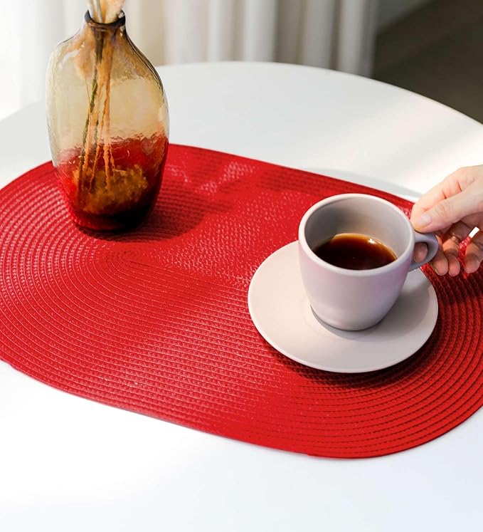 FunWheat Oval Braided Placemats Set of 4 Table Mats for Dining Tables Washable Heat Resistant Place Mats for Indoor Outdoor Use 12 x18 Inch(Oval Red, 4pcs)