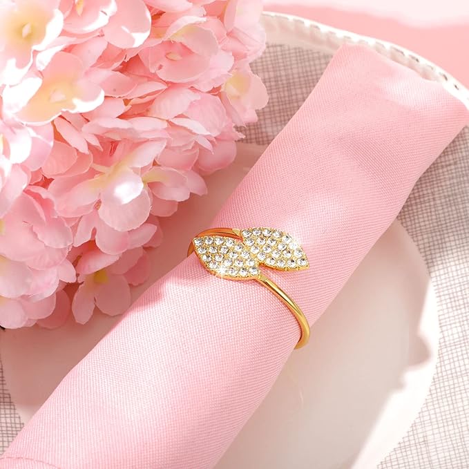 Hotop 500 Pcs Valentine's Day Napkin Rings Gold Table Decorations, Elegant Bling Leaves Napkin Rings, Rhinestone Guest Towels Buckle for Holiday Gather Party, Wedding Dinner Banquet Table Decoration