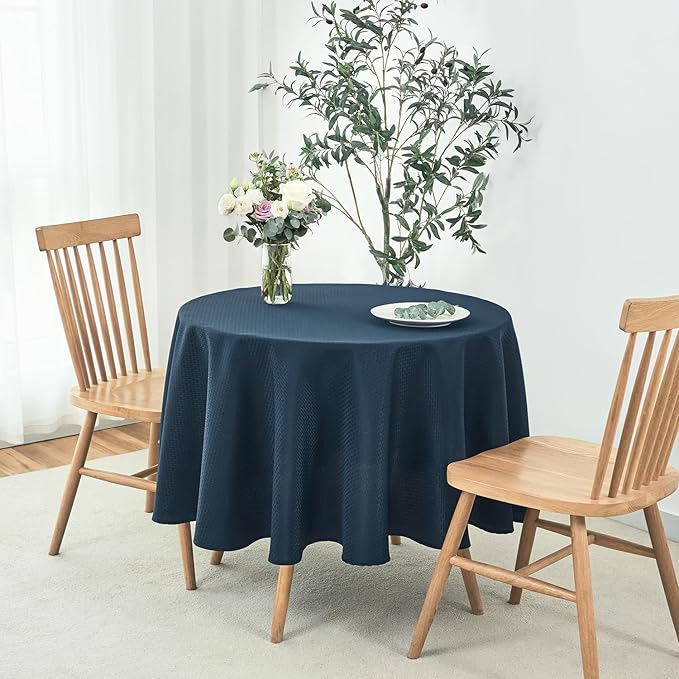 maxmill Round Weaved Texture Design Tablecloth Spill-Proof Wrinkle Free Soft Washable Table Cloth for Circular Table Cover, for Dining Room Buffet Banquet Parties Holiday Dinner, 90 Inch Navy Blue