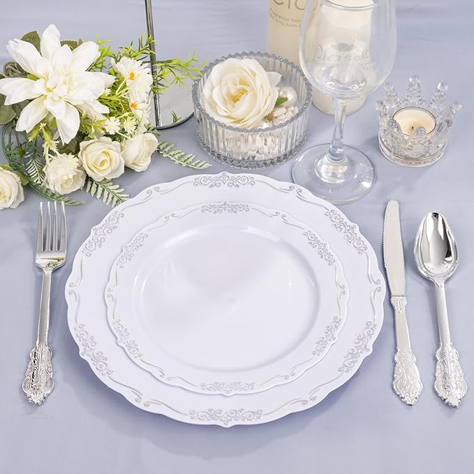 DaYammi 60PCS White and Silver Plastic Plates, Heavy Duty White and Silver Disposable Plates Premium 7.5inch White Dessert Cake Salad Appetizer Platos Hard Plastic Platos Disposable for Party Wedding