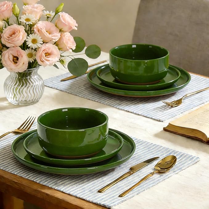 GZG Modern Art Series - 24 Pcs Speckled Stoneware Plates and Bowls Sets, Ceramic Dinnerware Set with Rustic Terracotta Underside, Microwave and Dishwasher Safe Handcrafted Dishes Set - Verdant Green