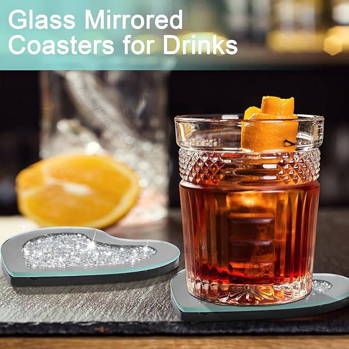 Glass Mirrored Coasters Set of 4, Heart Shaped Coasters with Crystal Diamond, Mirrored Silver Glass Cup Mats for Drinks, Advanced Top Decorations (4" x 4")