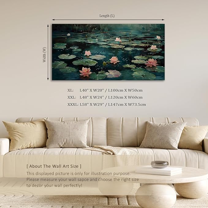 ADJUVANT Wall Art Impressionist Water Lily Pond 40" L x 20" W, Pink Lotus Flowers on Dark Blue Water Canvas Painting Nature Artwork Prints Wall Decor for Living Room Bedroom Bathroom Home Office