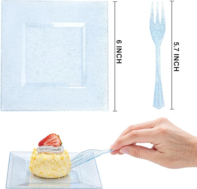 DaYammi 200 Pcs Blue Glitter Dessert Plates Including 100Pcs Appetizer Plates,100Pcs Plastic Forks,Blue Plastic Square Plate for Party,blue Disposable plates and Cake forks for Birthday Party Wedding