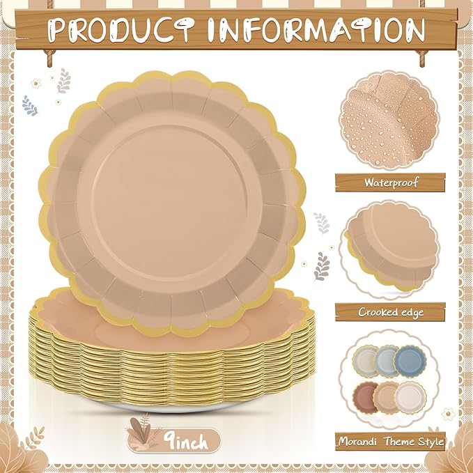 48 Pcs Morandi Color Paper Plates 9 Inch Pastel Scalloped Disposable Colored Boho Dinner Dessert Paper Plates for Birthday Wedding Bridal Party Supplies, 6 Colors