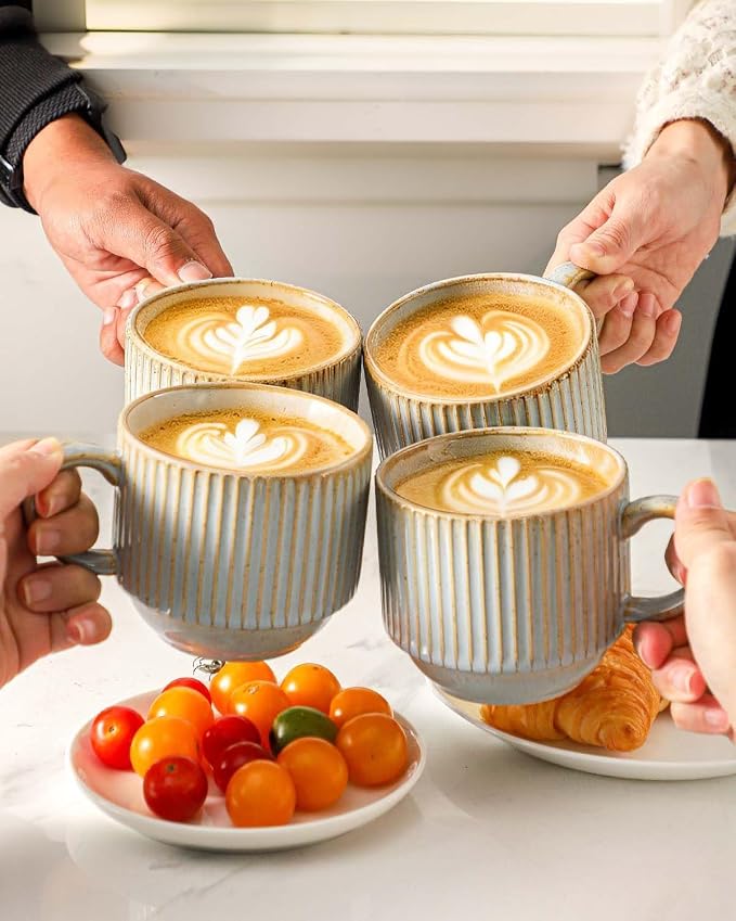 HASENSE Coffee Mug Ceramic Set of 4 - 15 oz Rustic Farmhouse Stackable Ribbed - Image 5