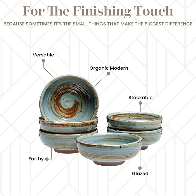 Vikko Modern Stoneware Dip Dishes, Set of 4 Mini Bowls, 3"" Dish for Dips, Charcuterie Boards, Condiments, Microwave and Dishwasher Safe, Earthtones, Light Blue/Brown Rim