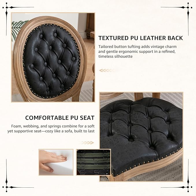 Vintage French Dining Chairs Set of 4, Round Back PU Leather Upholstered Side Chairs with Nailhead Trim and Solid Wood Frame, Sillas de Comedor for Dining Room & Kitchen, Black