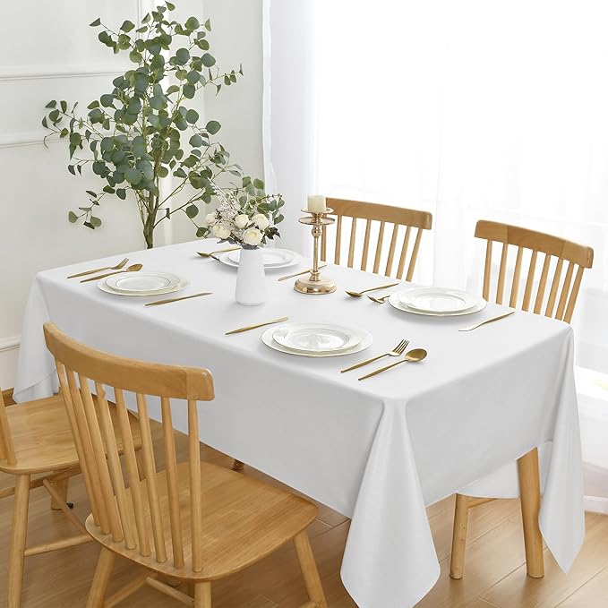 JIUZHEN Faux Linen Rectangle Tablecloth, Wrinkle Stain Resistant Farmhouse Textured Table Cloth Decorative Fabric for Kitchen, Dining, Party, Wedding,Outdoor Use,90 x 156 Inch,White