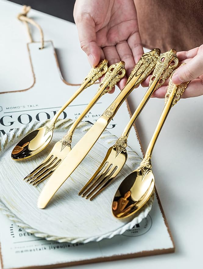 Gold Silverware Set for 8 Premium 18/10 Stainless Steel Flatware Set Palace Style 40 Piece Cutlery Tableware Utensils Embossed Decorative Handle Knives Forks and Spoons for Home Christmas Wedding