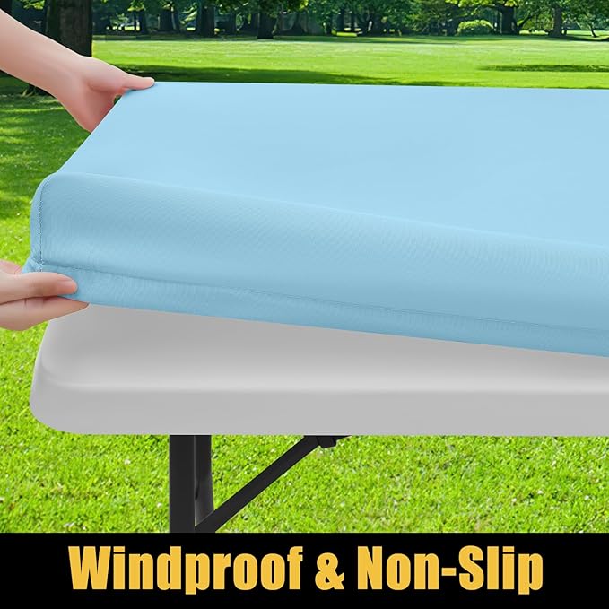 Smiry Rectangle Picnic Table Cloth, Waterproof Elastic Fitted Tablecloths for 6 Foot Tables, Washable Polyester Table Cover for Camping, Indoor and Outdoor (Light Blue, 30"x72")