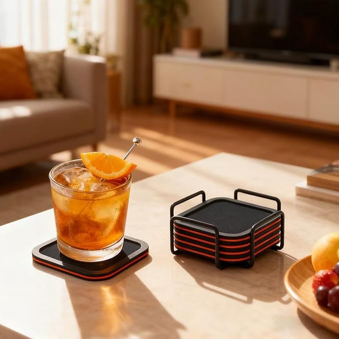 Lexenic Sleek Absorbent Coasters for Drinks with Holder, Silicone Cup Mat with Removable Felt Insert, Non-Slip, Non-Stick, Lovely Gift for Coffee Table Kitchen Decor, 6PCS (Black Red)