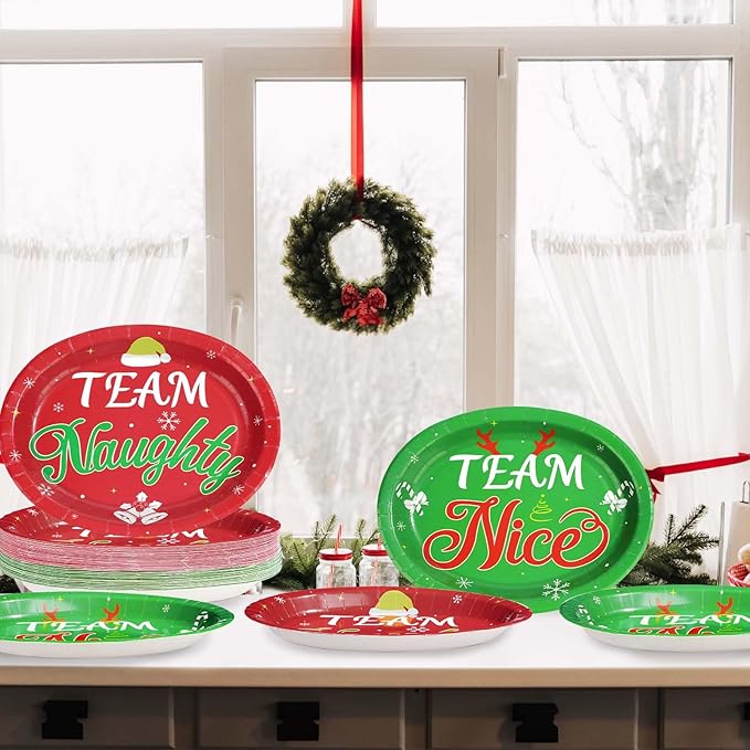 50Pcs Christmas Oval Paper Plates Team Naughty Team Nice Party Decorations 10" x 12" Large Disposable Heavy Duty 400GSM Red and Green Christmas Dinner Plates for Xmas Holiday Cocktail Party Supplies
