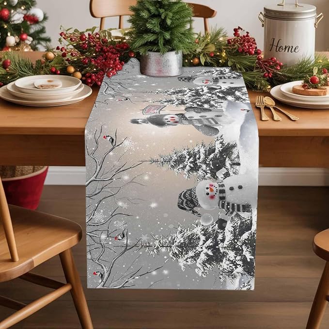 Christmas Snowman Short Table Runners 48 Inches, Cotton Linen Fabric Snowflake - Image 5
